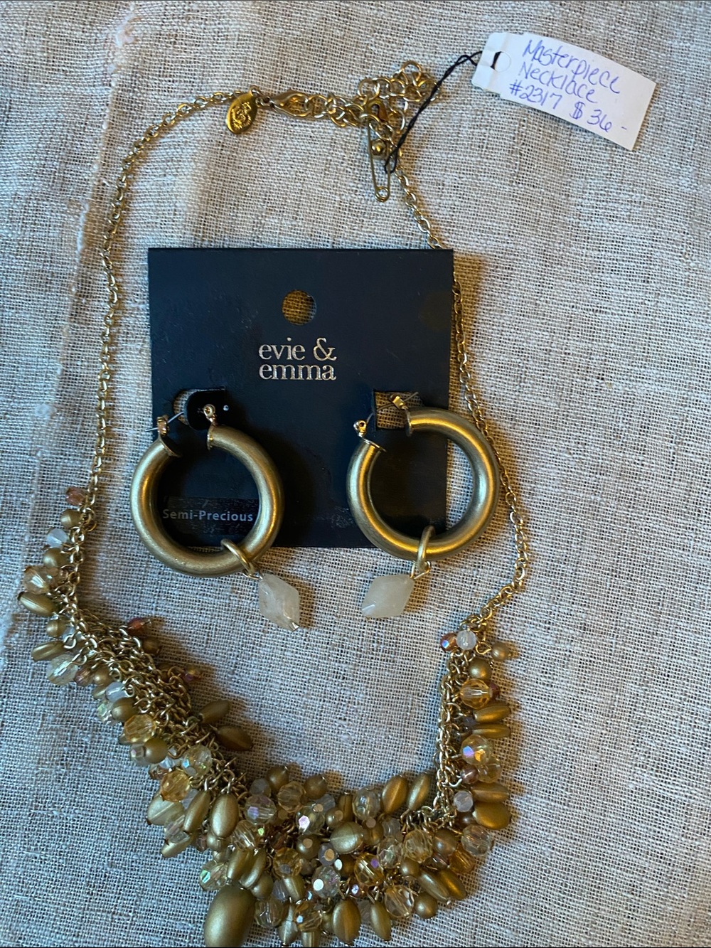 Premier Designs Masterpiece Gold Bead Statement Necklace and Hoop Earrings Set